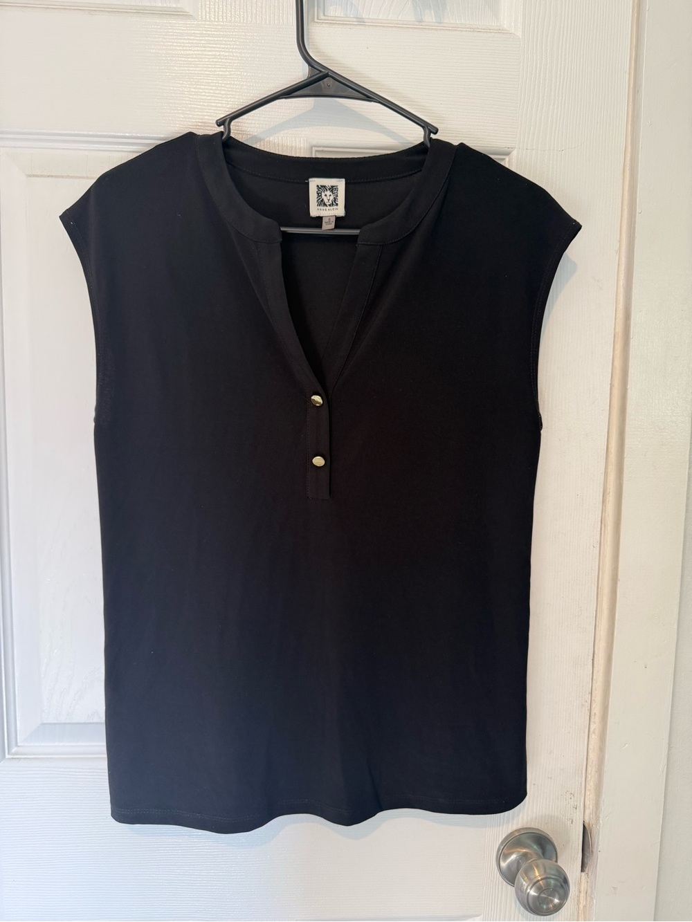 Anne Klein Black Sleeveless Henley Tank with Faux Gold Buttons